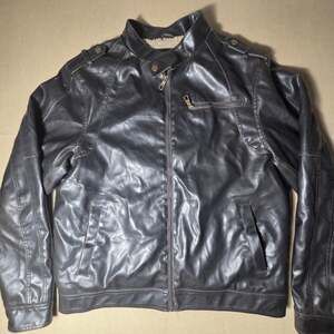Brave Soul Mens XXL Faux Leather Moto Jacket Black Sherpa Fur Lined Cafe Racer